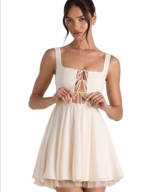Oh Polly Cream Lace-Up Square Neck Skater Dress